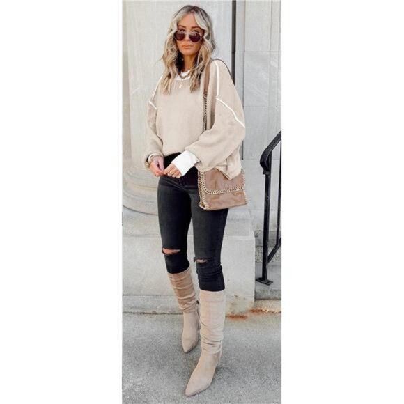 Womens Oversized Sweaters ‎ Batwing Sleeve Colorblock Knit Pullover Sweater Tops - Picture 6 of 6